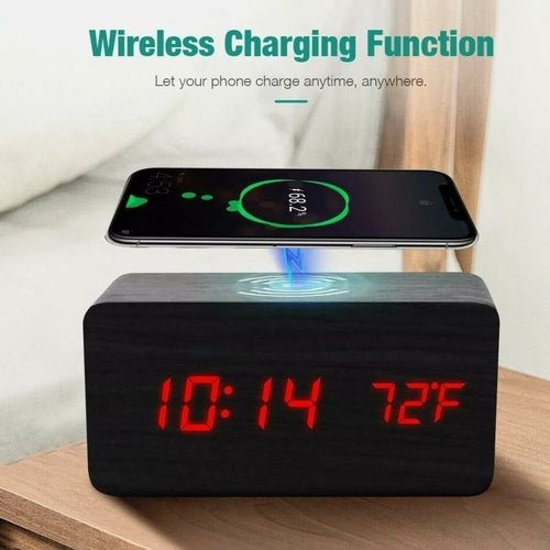 "Revamp Your Morning Routine with our Wooden Digital Alarm Clock with Wireless Phone Charging Pad"