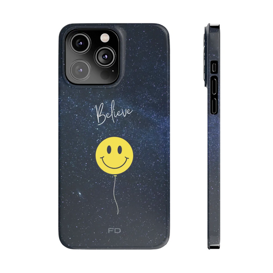 "Get Ready to Blast Off with Our Smiley Face in Space Believe Slim Case for iPhone - A Fun and Functional Accessory!"