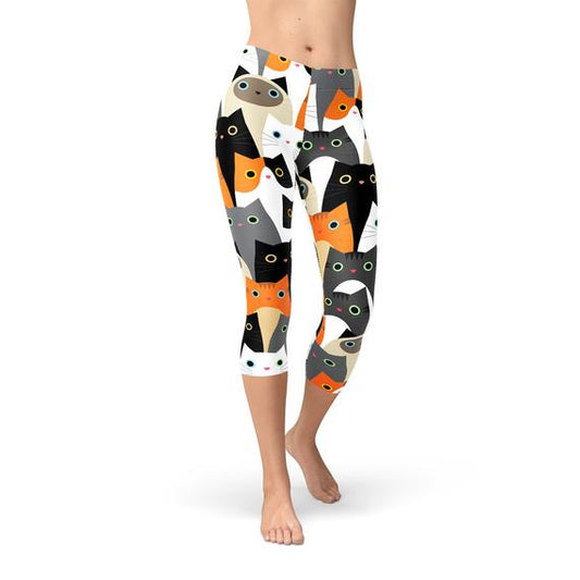 "Unleash Your Feline Fierce with our Women's All-Over Print Cats Capri Leggings!"