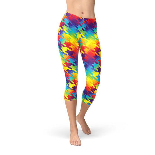 "Unleash Your Inner Rainbow: The Must-Have Women's Rainbow Houndstooth Capri Leggings"