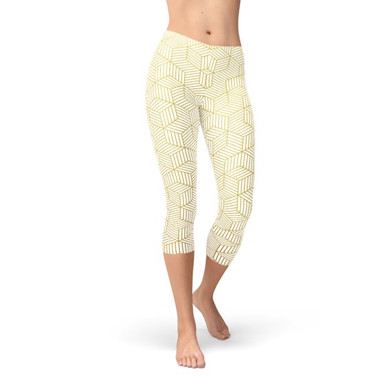 "Unleash Your Inner Fashionista with these Chic Women's White Capri Leggings featuring Geometric Cubes"