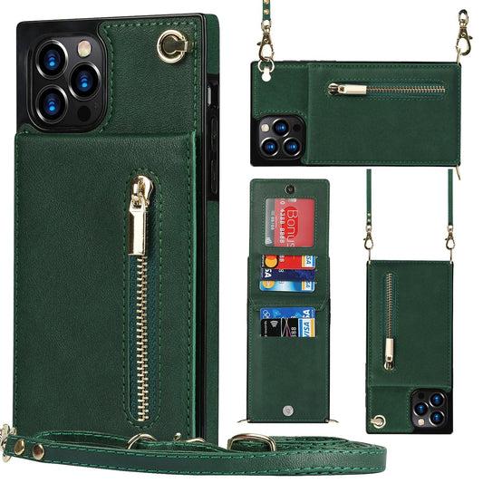 "Say goodbye to bulky purses with our slim zipper wallet back case for iPhone - now with a convenient crossbody strap!"