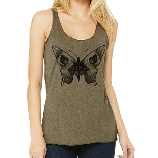 "Unleash Your Wild Side with Our Racerback Tank Top: The Perfect Mix of Feminine Butterfly and Edgy Human Skull Design"