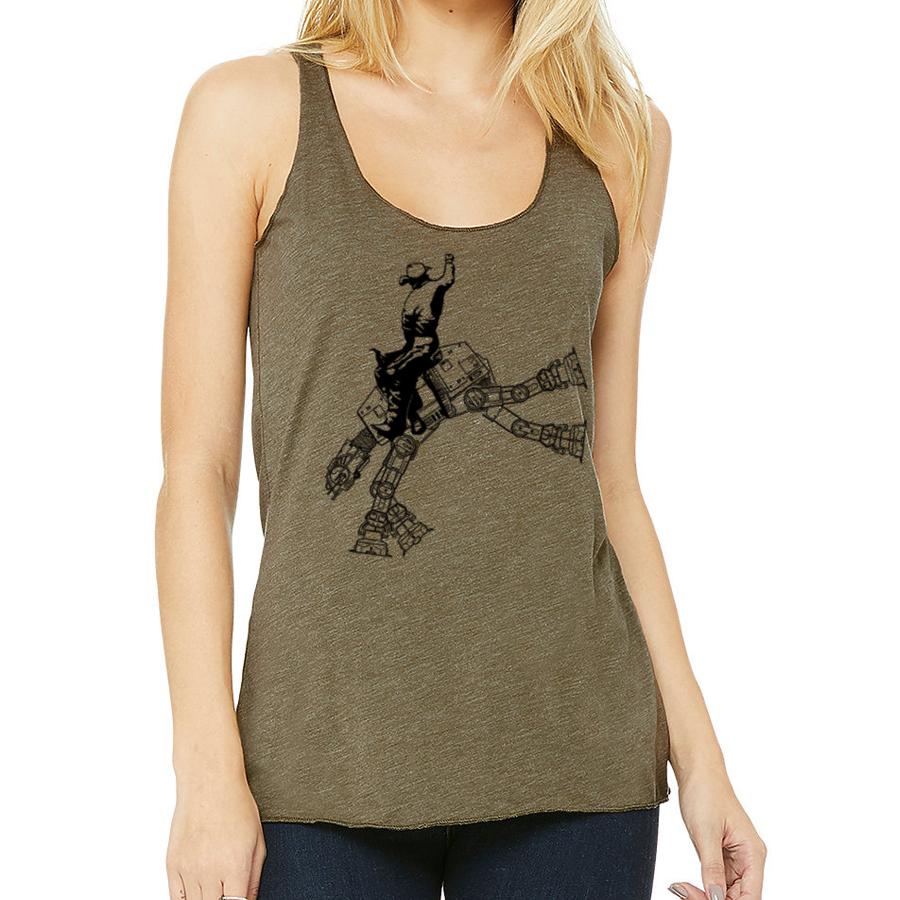 "Unleash Your Inner Rebel with our Women's Star Wars AT-AT Cowboy Racerback Tank Top - Stylish and Comfortable for Any Galaxy Adventure!"