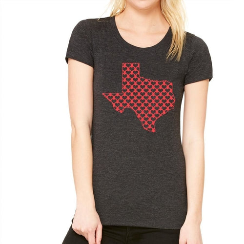 "Show Your Texas Pride with Our Women's Texas Hearts T-Shirt - Available in Multiple Sizes and Shipped Worldwide!"