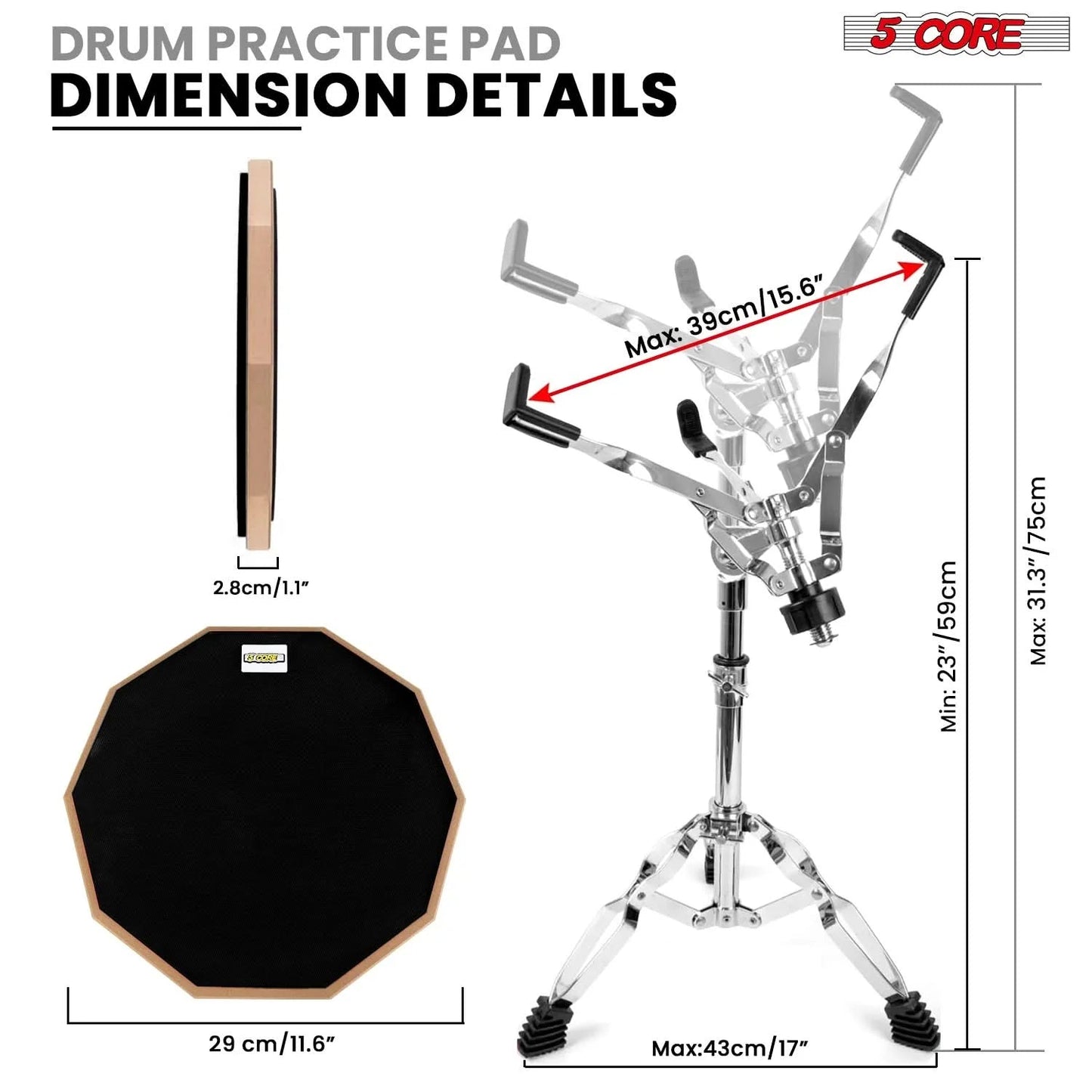 Drum Practice Pad Set 12" Adjustable Snare Drumming Stand Double Sided