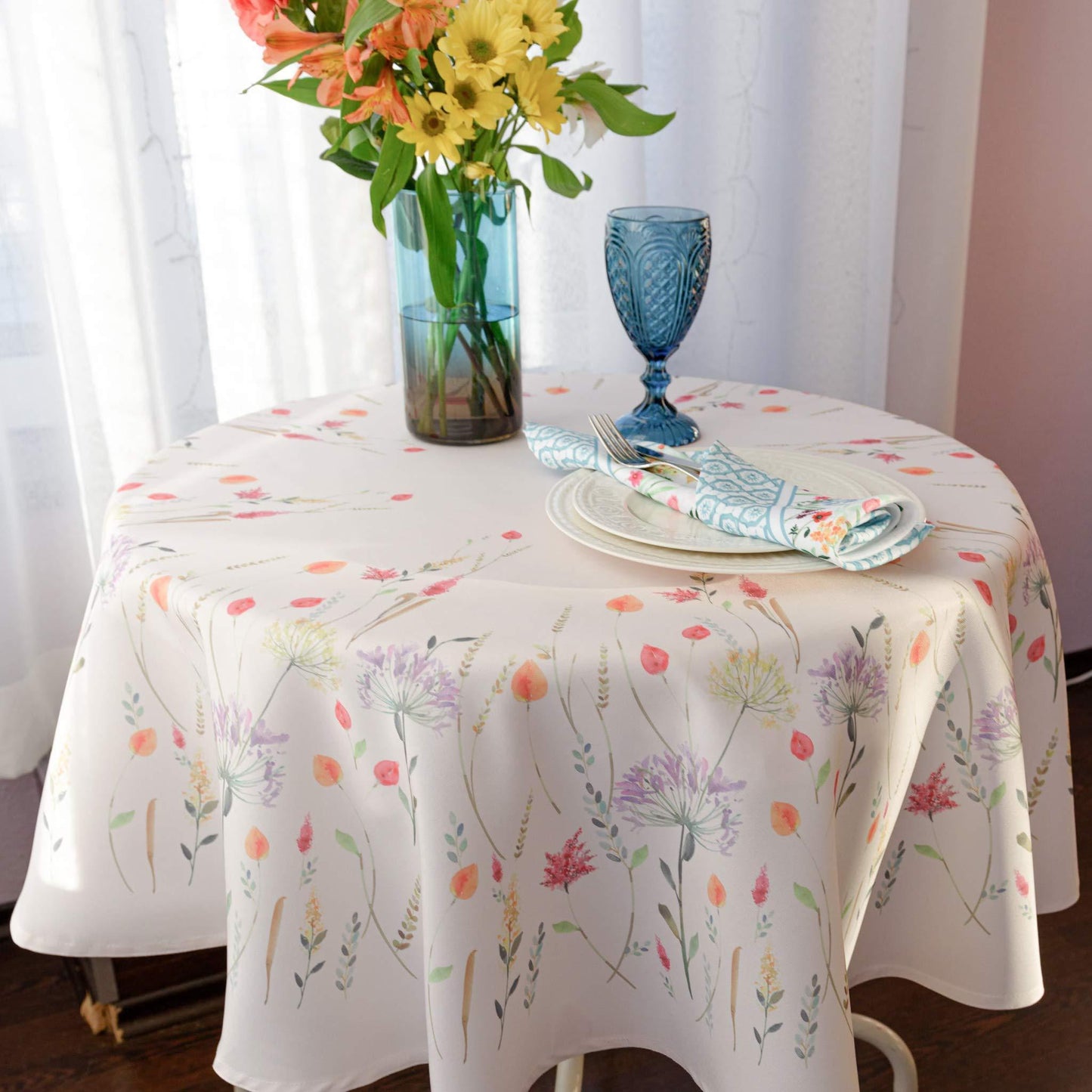 Finest Floral Coloring Round Easter Tablecloth Non Iron Stain