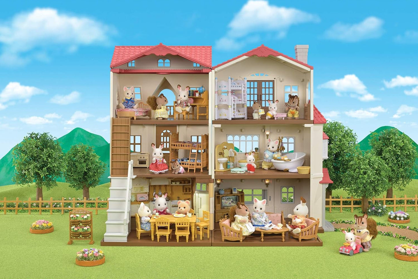 Red Roof Grand Mansion Gift Set, Dollhouse Playset with 3 Figures,
