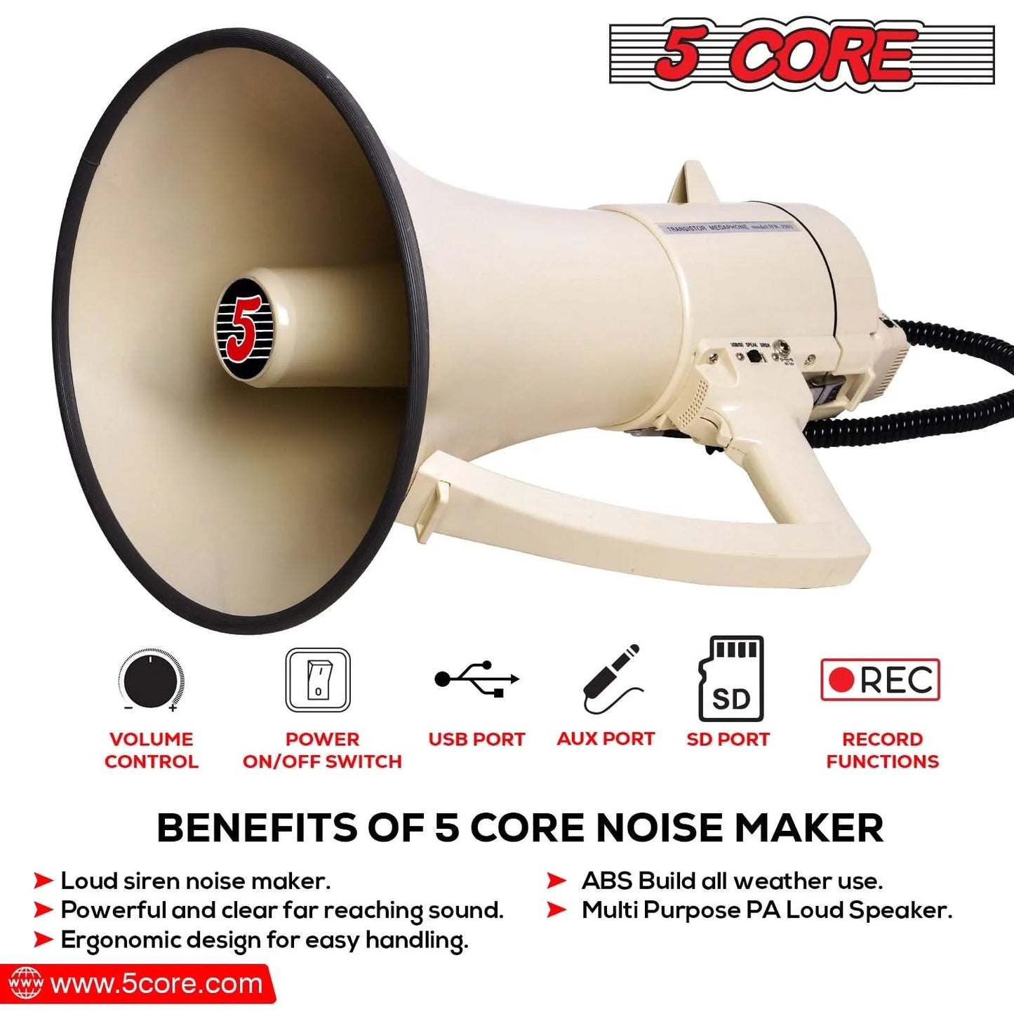 5Core Megaphone Bullhorn Speaker 100W Professional Bull Horn Battery