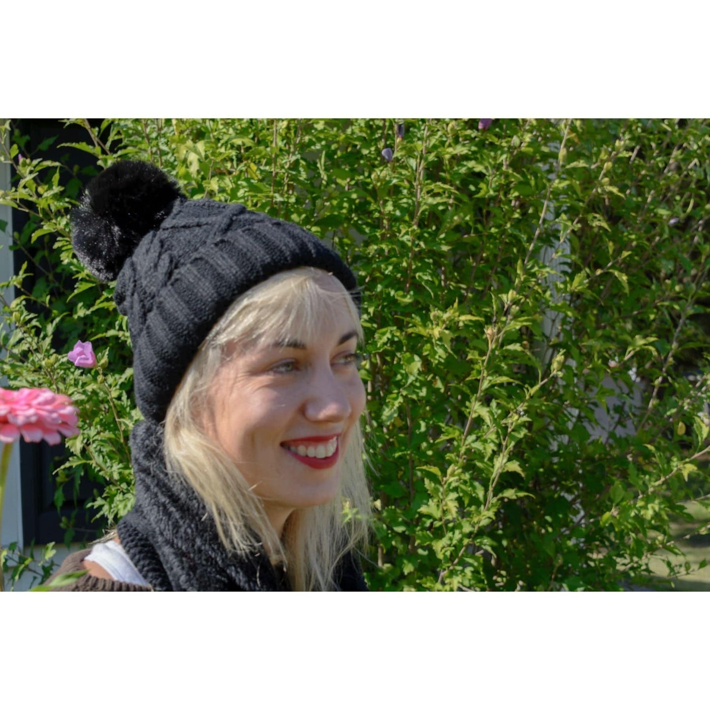 Women's Fuzzy Fur Lined Beanie Pompom Hat and Infinity Scarf Set