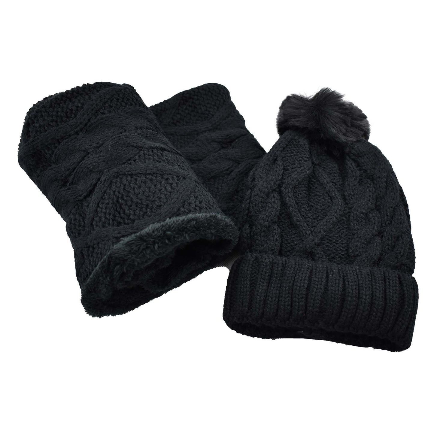 Women's Fuzzy Fur Lined Beanie Pompom Hat and Infinity Scarf Set