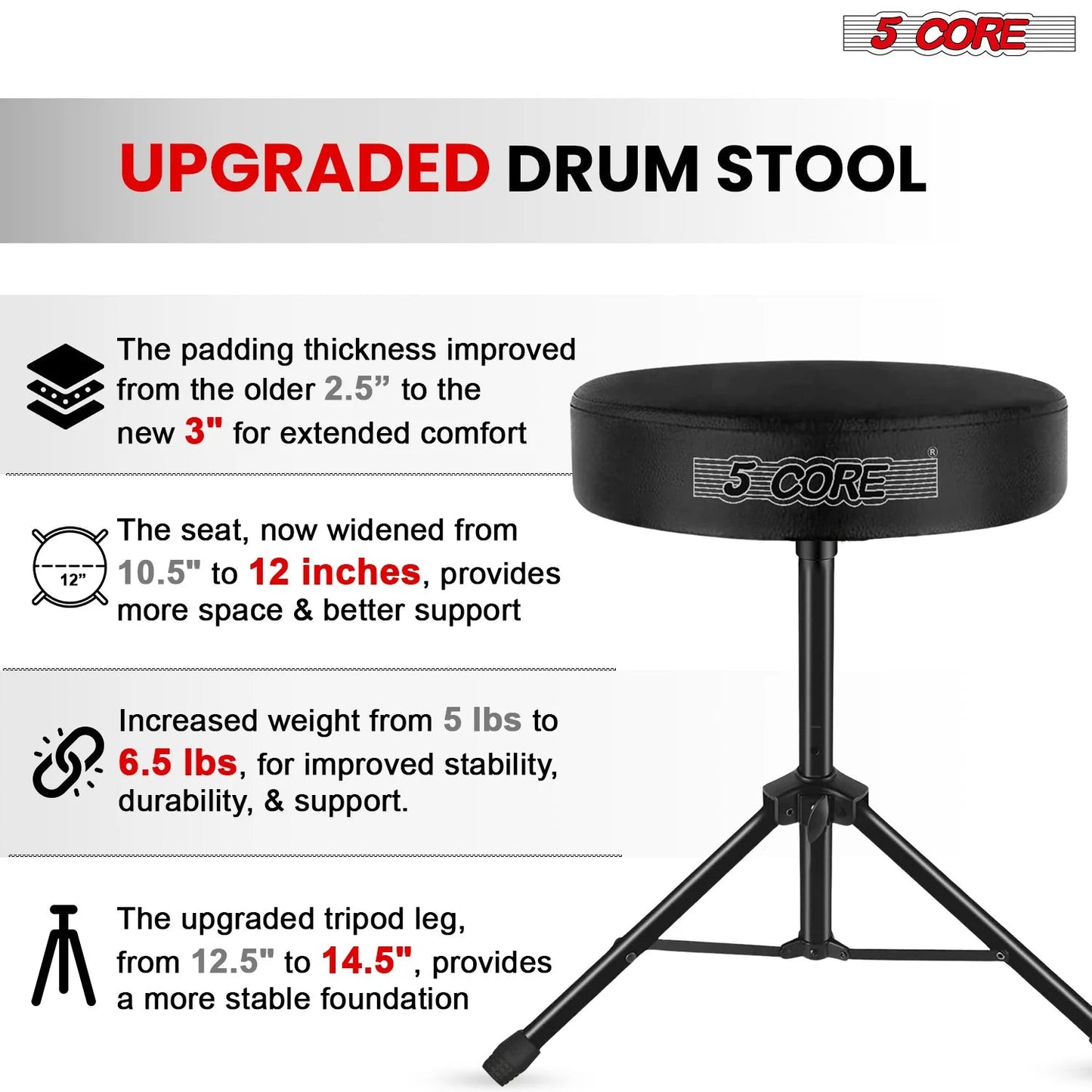 5Core Drum Throne Adjustable Guitar Stool Padded Drummer Seat for