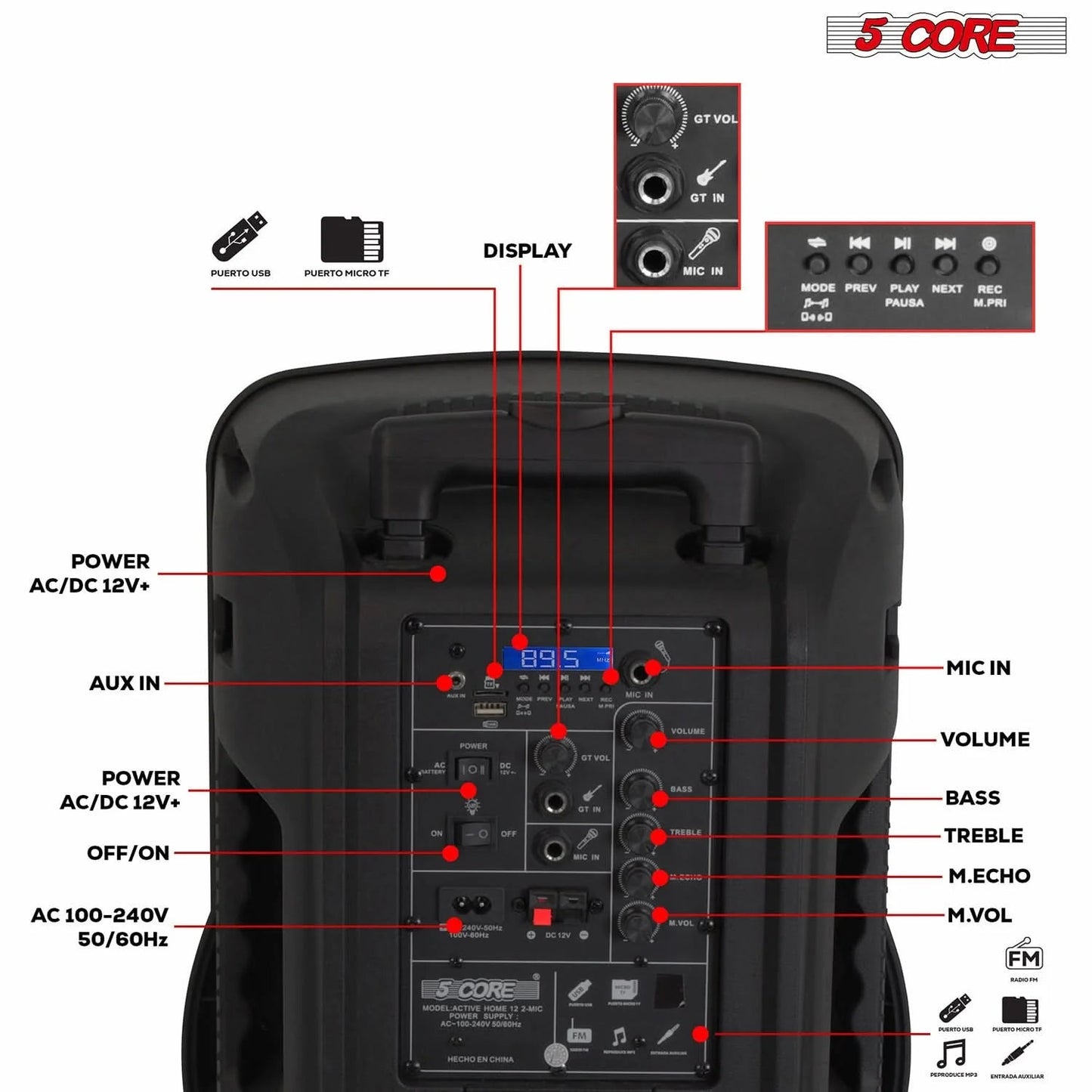 5Core 12 Inch PA Portable Bluetooth Party Speaker Karaoke Boombox + 2