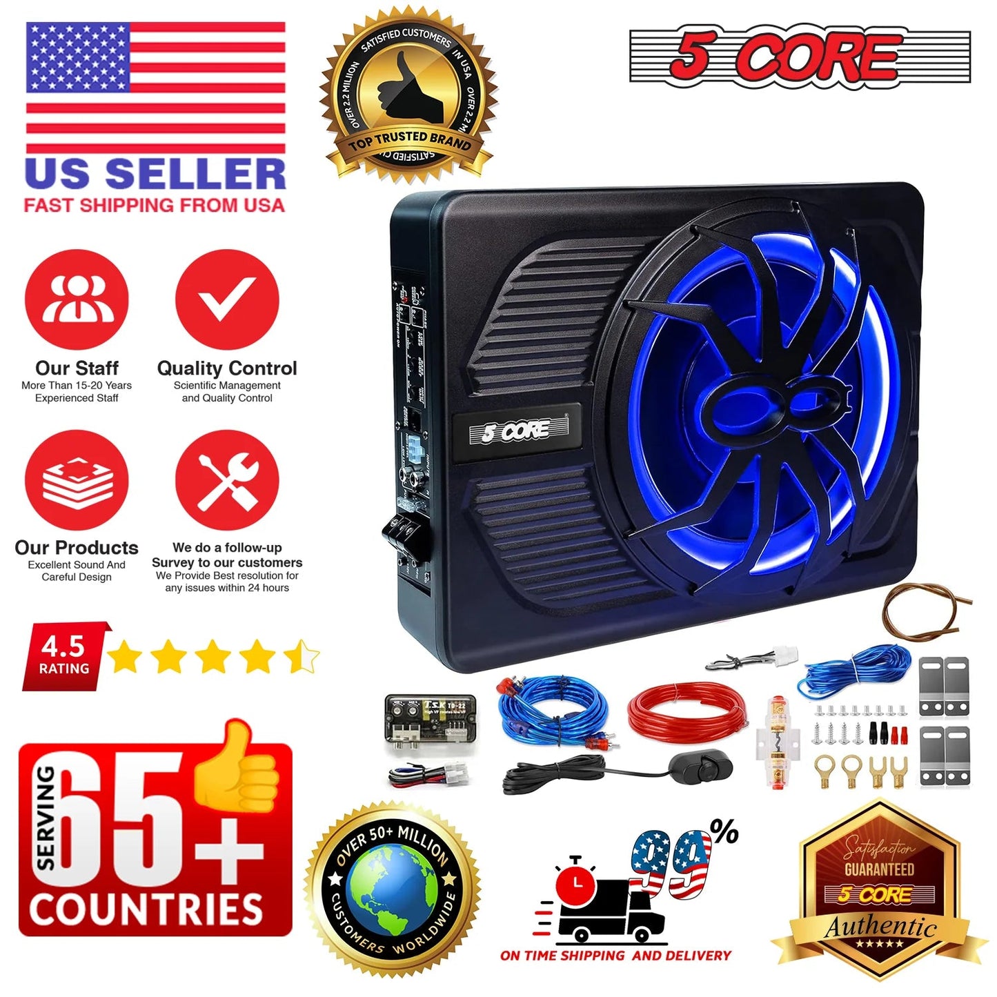 5Core 10 Inch Slim under Seat Car Audio Subwoofer 800W Built in