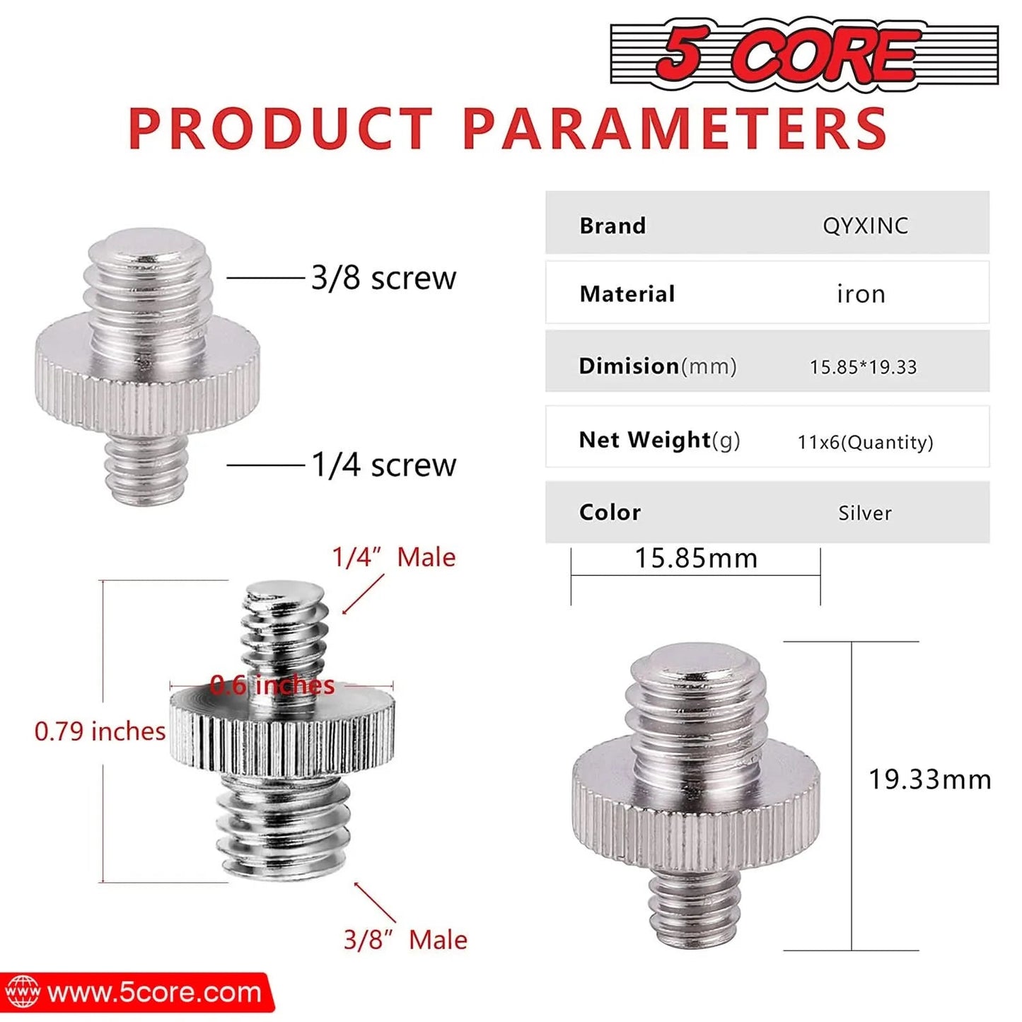 5Core 1/4 Male to 3/8 Inch Male Threaded Camera Tripod Screw Adapter