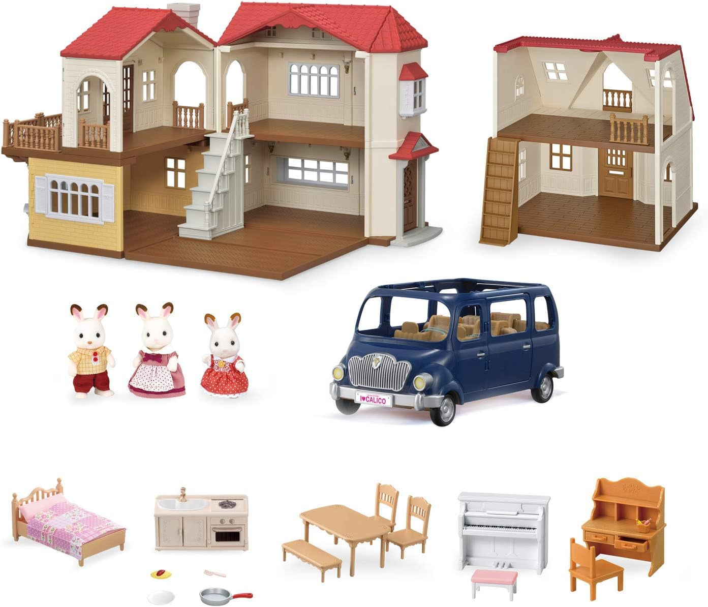 Red Roof Grand Mansion Gift Set, Dollhouse Playset with 3 Figures,