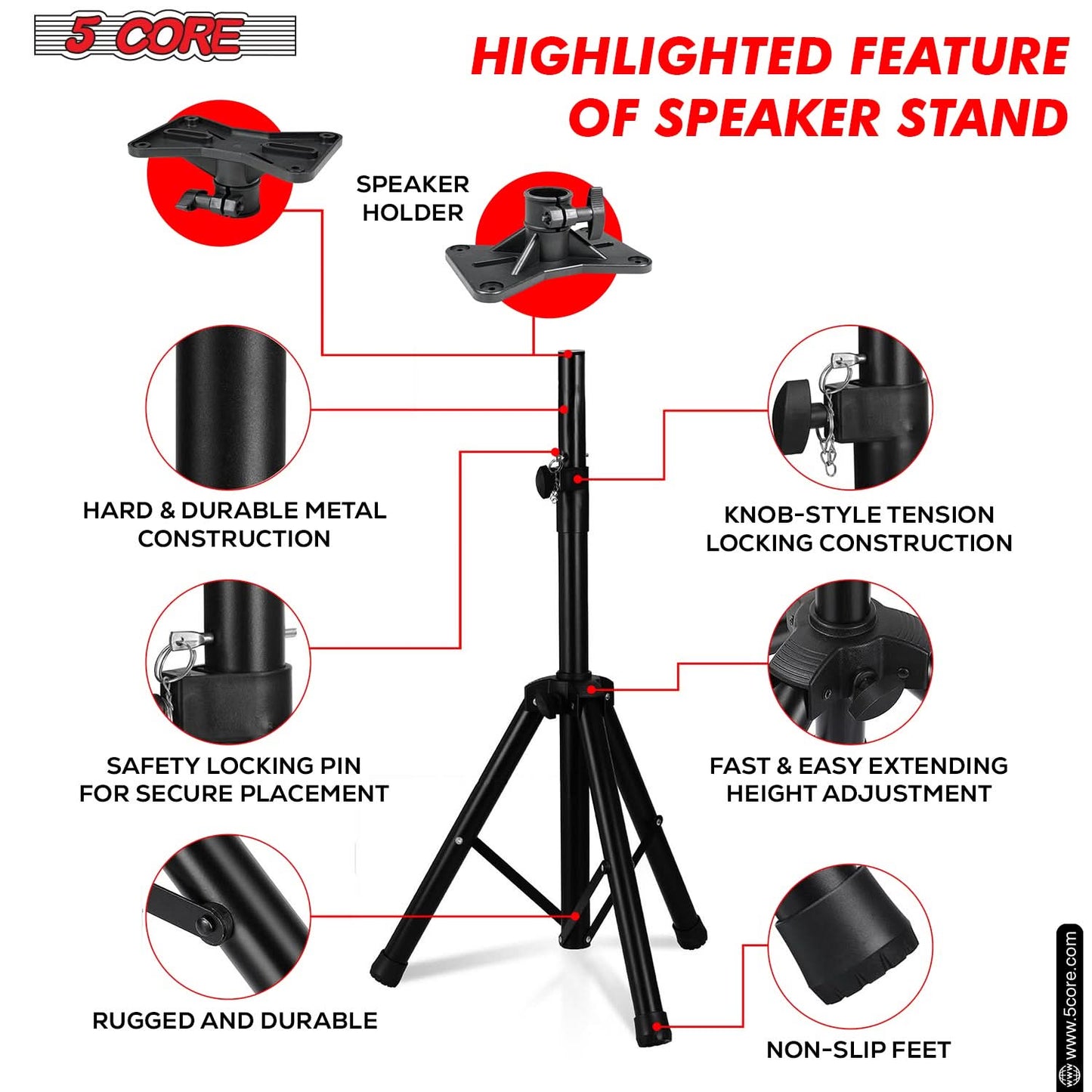 5 Core Speaker Stand Tripod Floor Adjustable Up to 48 Inch DJ Studio