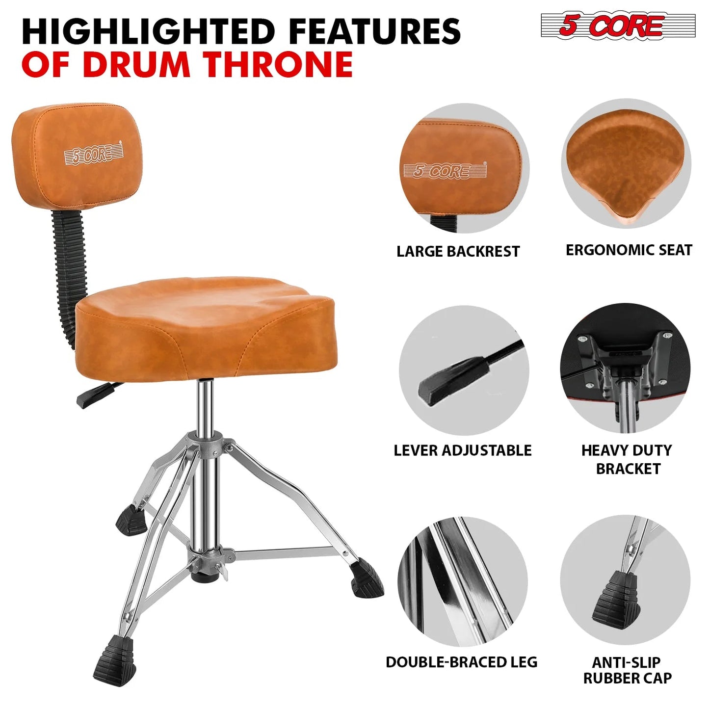 5Core Drum Throne Padded Guitar Stool Backrest Drummer Seat for Adults