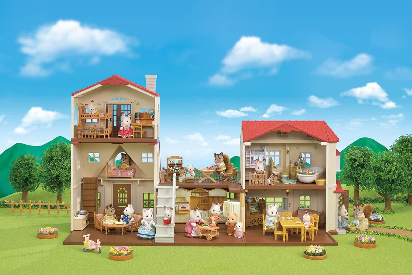 Red Roof Grand Mansion Gift Set, Dollhouse Playset with 3 Figures,