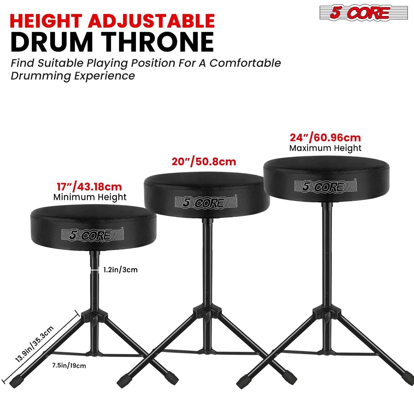 5Core Drum Throne Adjustable Guitar Stool Padded Drummer Seat for