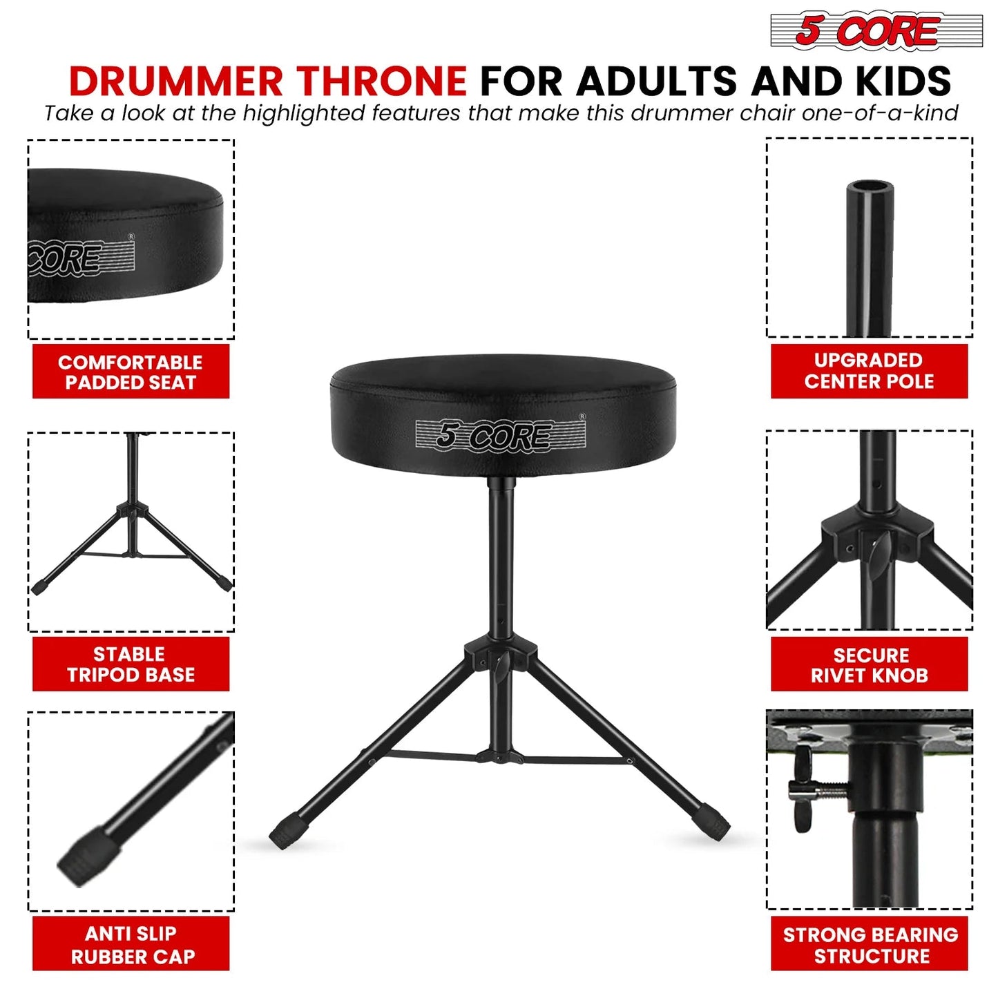 5Core Drum Throne Adjustable Guitar Stool Padded Drummer Seat for