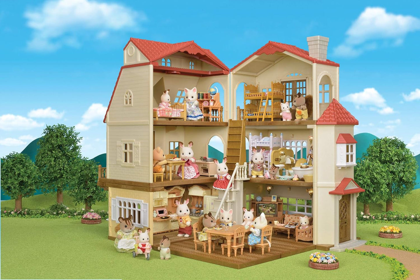 Red Roof Grand Mansion Gift Set, Dollhouse Playset with 3 Figures,