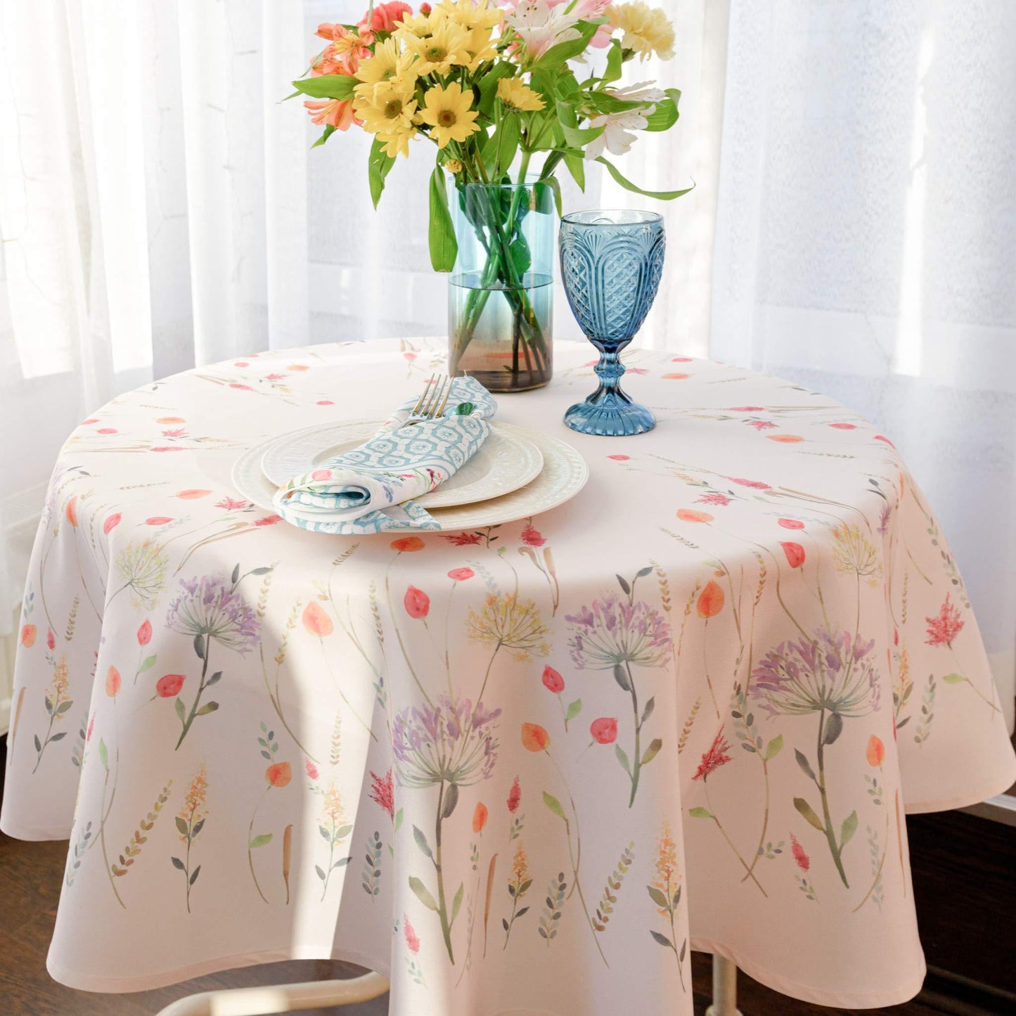 Finest Floral Coloring Round Easter Tablecloth Non Iron Stain