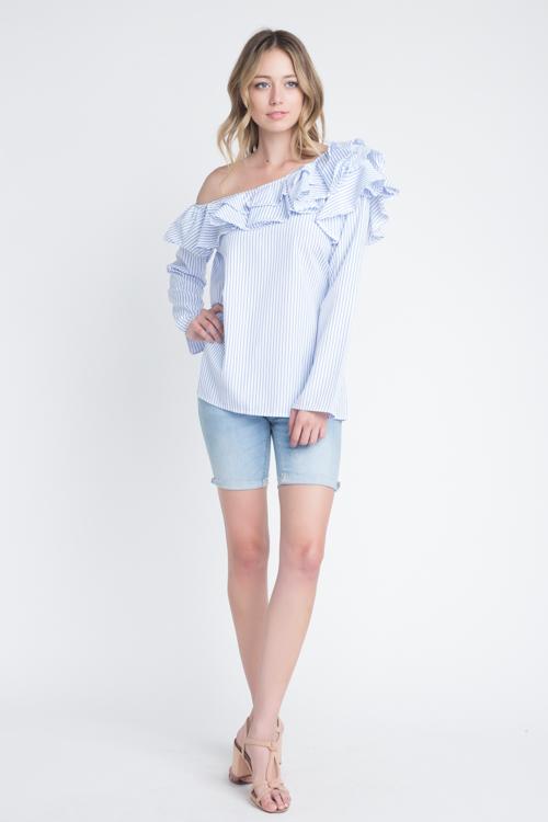 Women's One Shoulder Stripe Ruffle Top - ZYTU