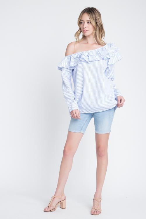 Women's One Shoulder Stripe Ruffle Top - ZYTU