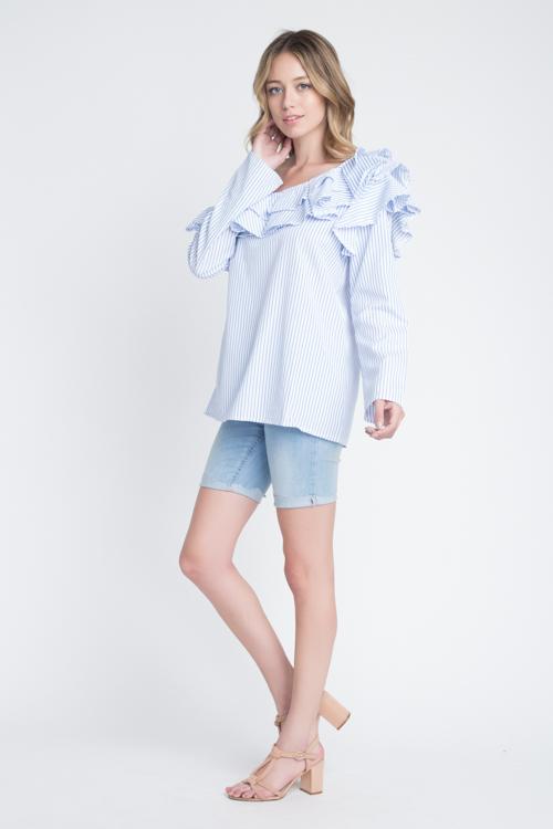 Women's One Shoulder Stripe Ruffle Top - ZYTU