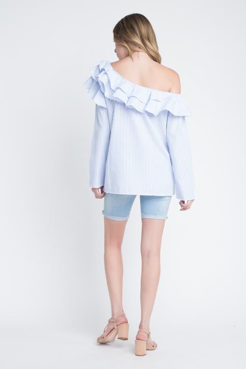 Women's One Shoulder Stripe Ruffle Top - ZYTU