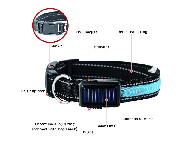 USB and Solar Charge Reflective Led Dog Collar - ZYTU