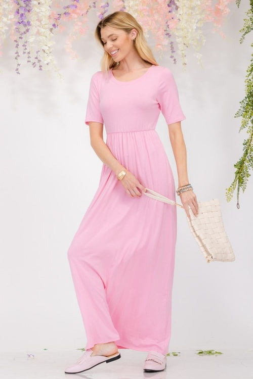 Celeste Plus Size Round Neck Short Sleeve Maxi Dress with Pockets