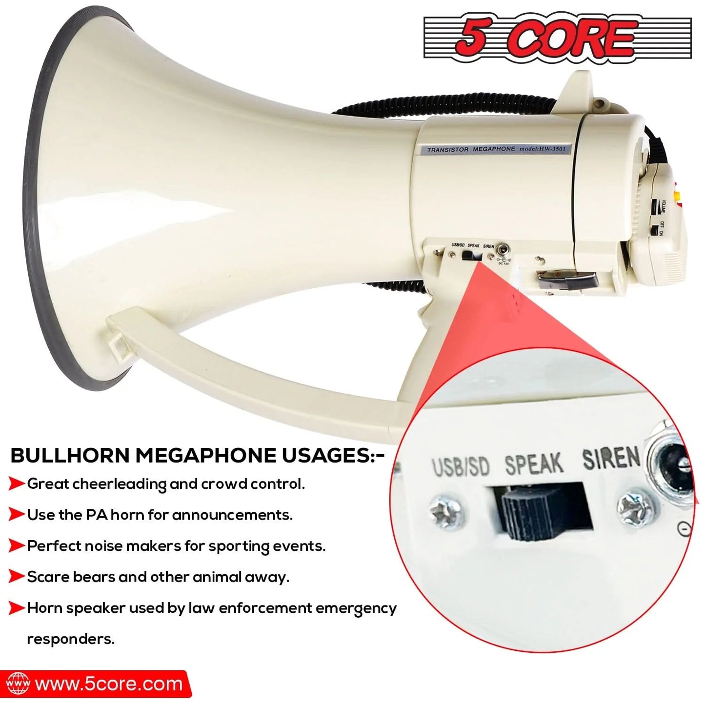 5Core Megaphone Bullhorn Speaker 100W Professional Bull Horn Battery
