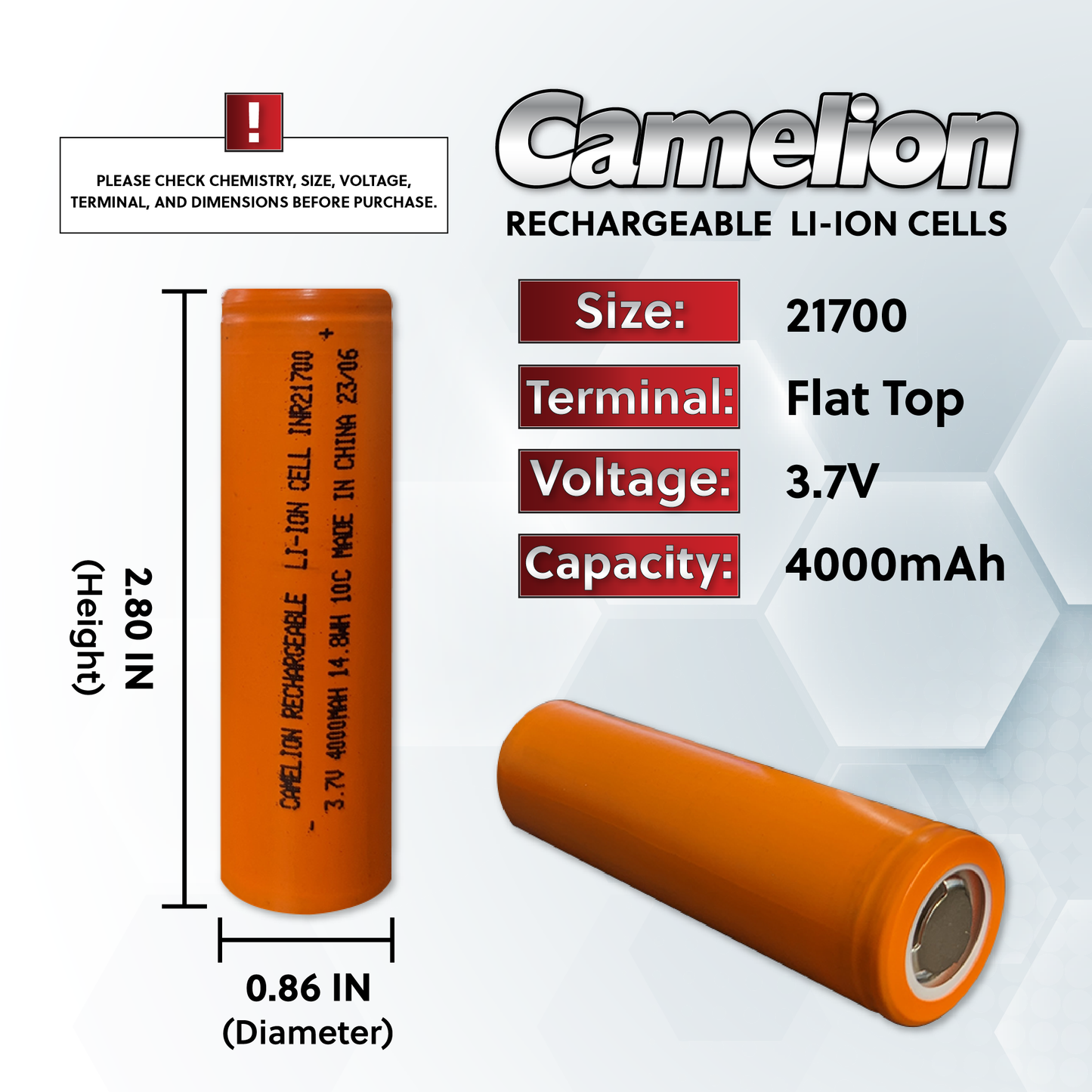 Camelion 21700 4000mAh Li-Ion Protected Cell - Rechargeable