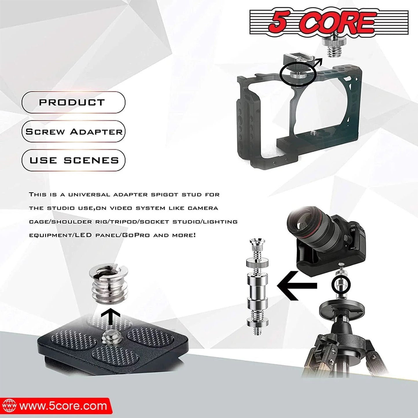 5Core 1/4 Male to 3/8 Inch Male Threaded Camera Tripod Screw Adapter