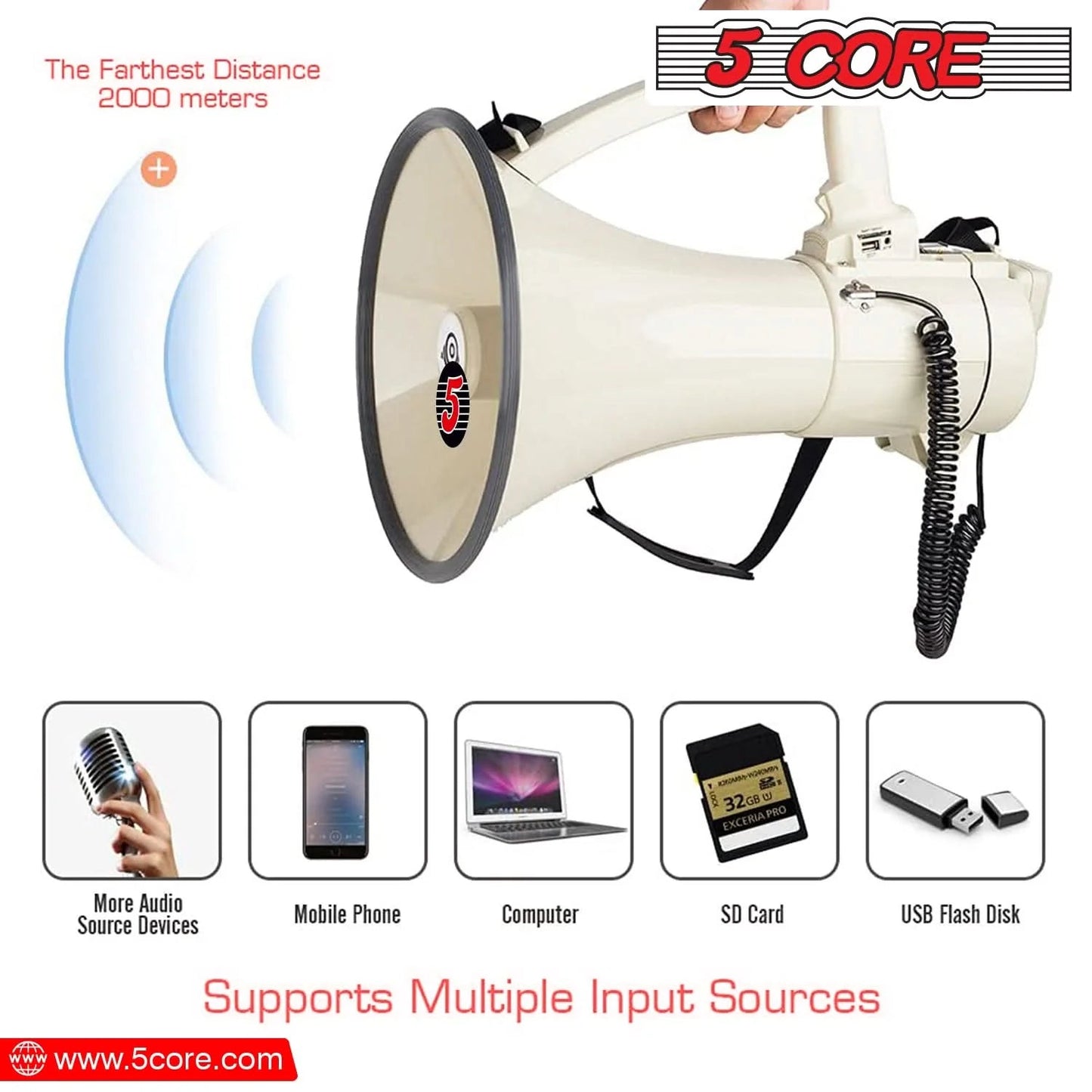 5Core Megaphone Bullhorn Speaker 100W Professional Bull Horn Battery