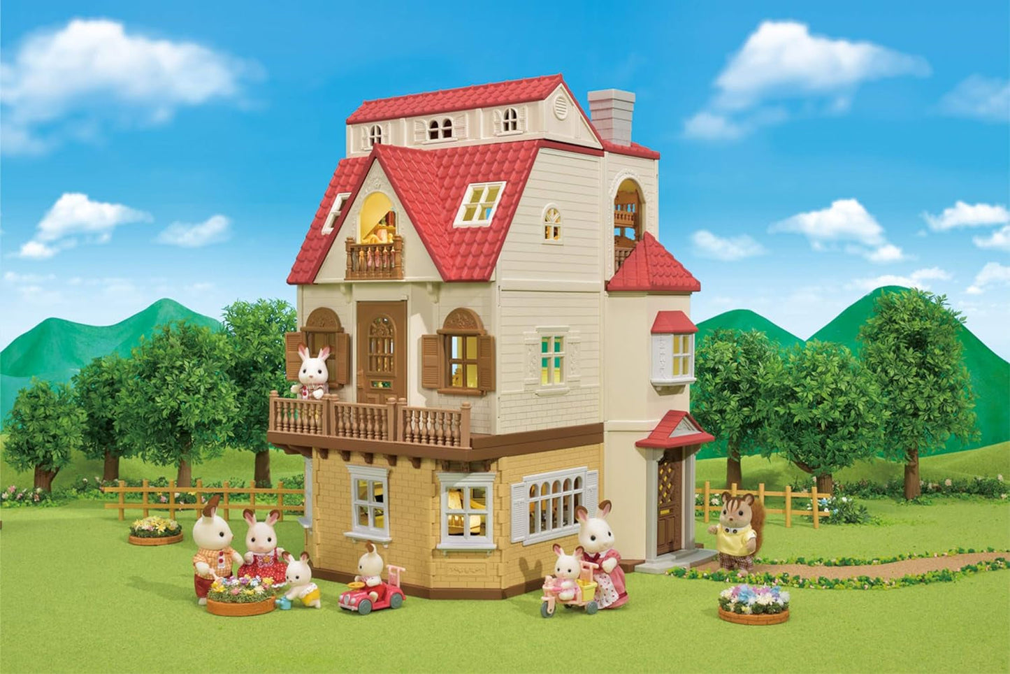 Red Roof Grand Mansion Gift Set, Dollhouse Playset with 3 Figures,