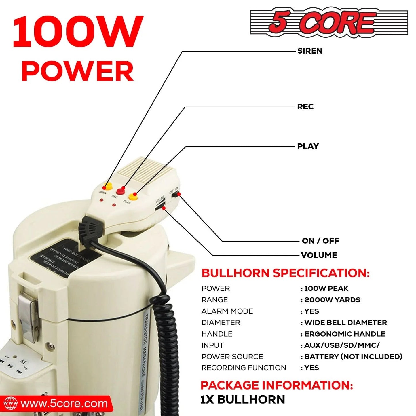 5Core Megaphone Bullhorn Speaker 100W Professional Bull Horn Battery