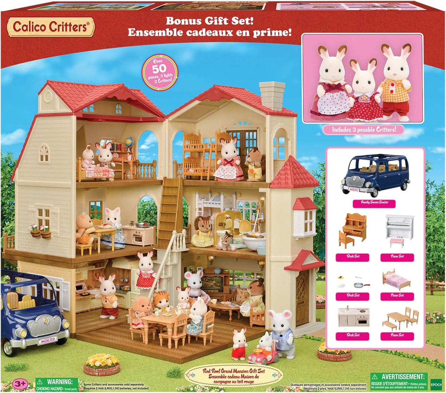 Red Roof Grand Mansion Gift Set, Dollhouse Playset with 3 Figures,