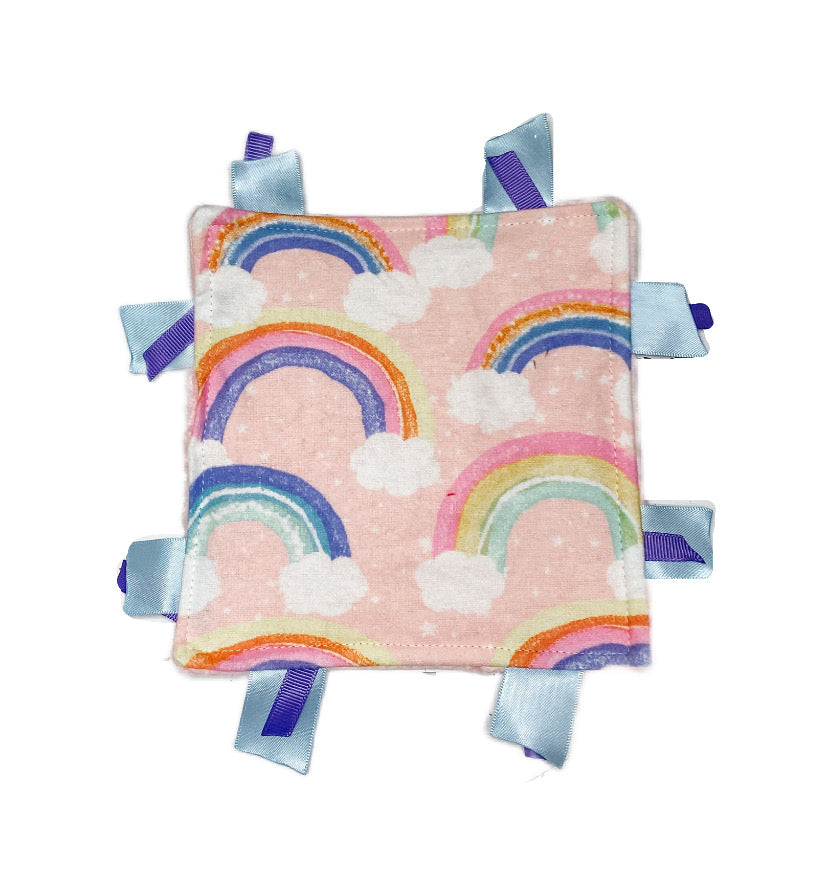 rainbow sensory crinkle paper tag toy (blue & purple ribbons) - ZYTU