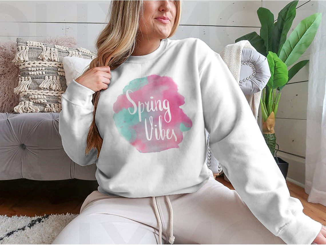 Spring Vibes Watercolor Pink Lettering Design T-shirt_copy_by_System
