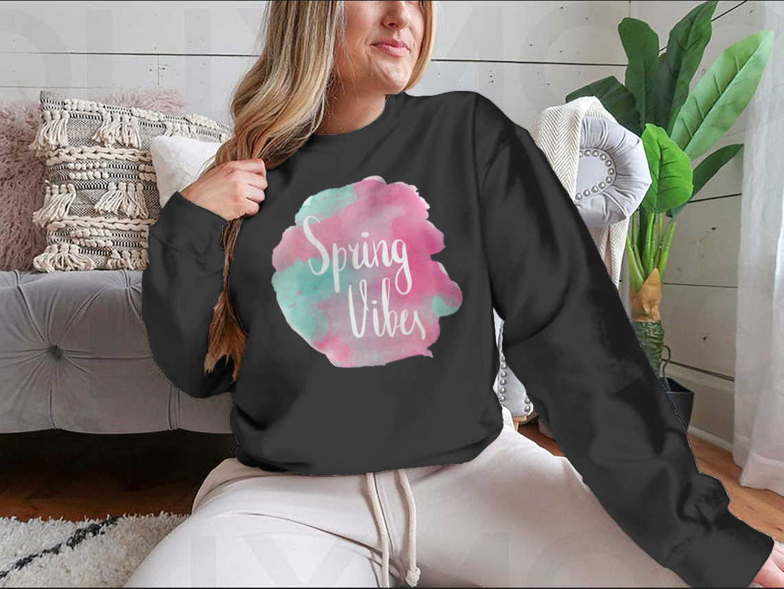 Spring Vibes Watercolor Pink Lettering Design T-shirt_copy_by_System
