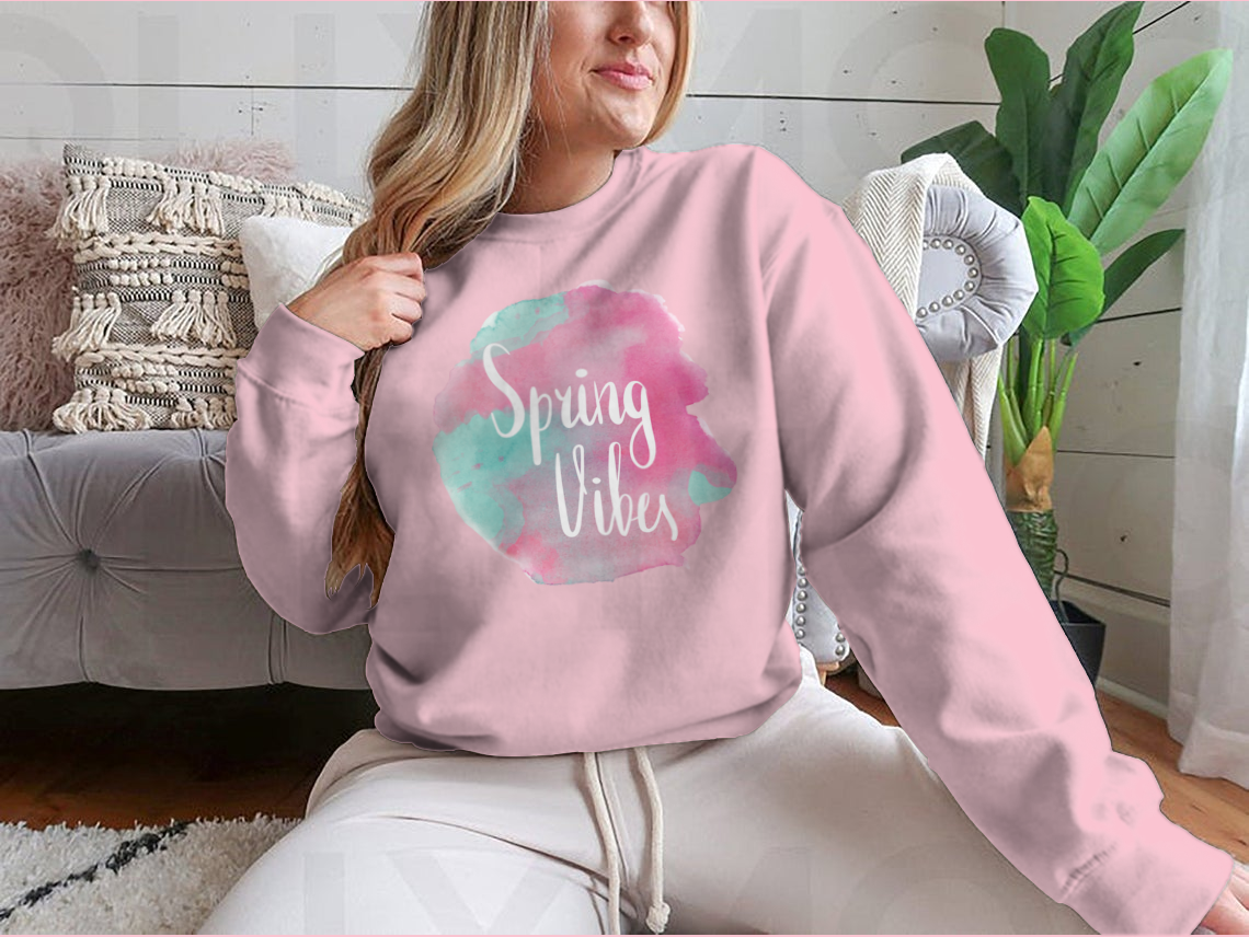 Spring Vibes Watercolor Pink Lettering Design T-shirt_copy_by_System