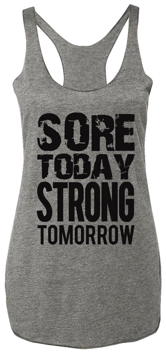"Get Motivated with Our Stylish Gray and Black Workout Tank Top - Sore Today, Strong Tomorrow at Zytu!"