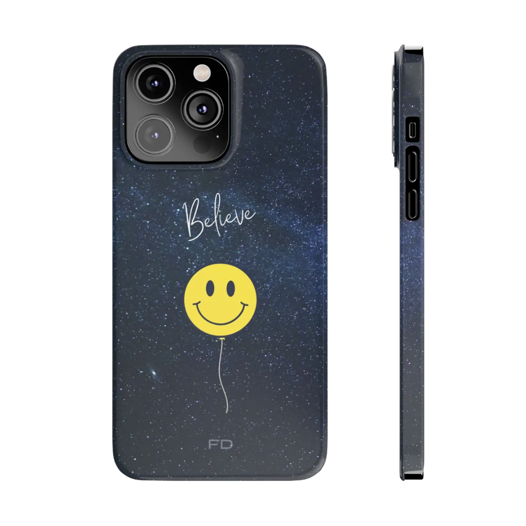 "Get Ready to Blast Off with Our Smiley Face in Space Believe Slim Case for iPhone - A Fun and Functional Accessory!"