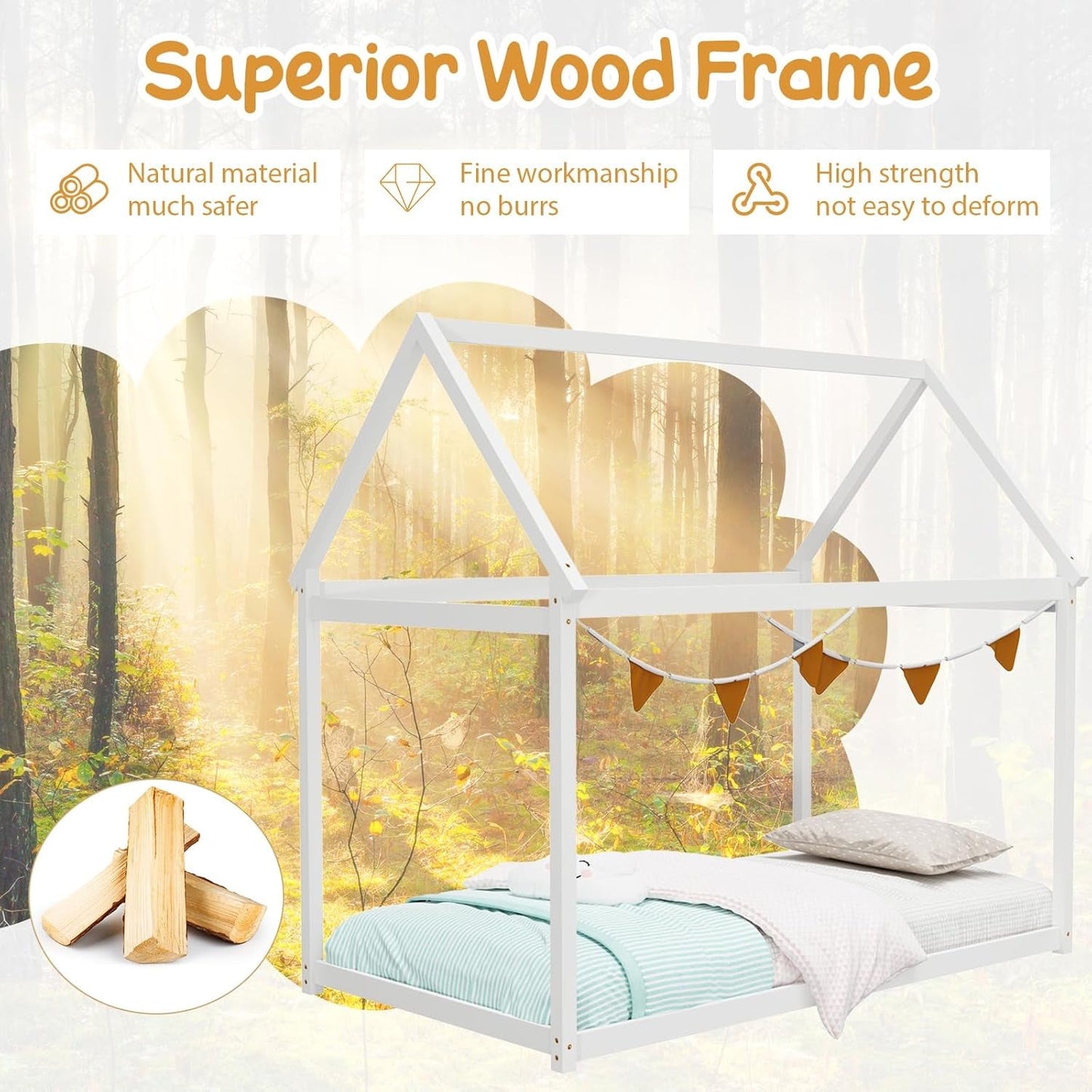 Twin House Bed, Wood Montessori Bed Frame with House Roof Canopy, Low