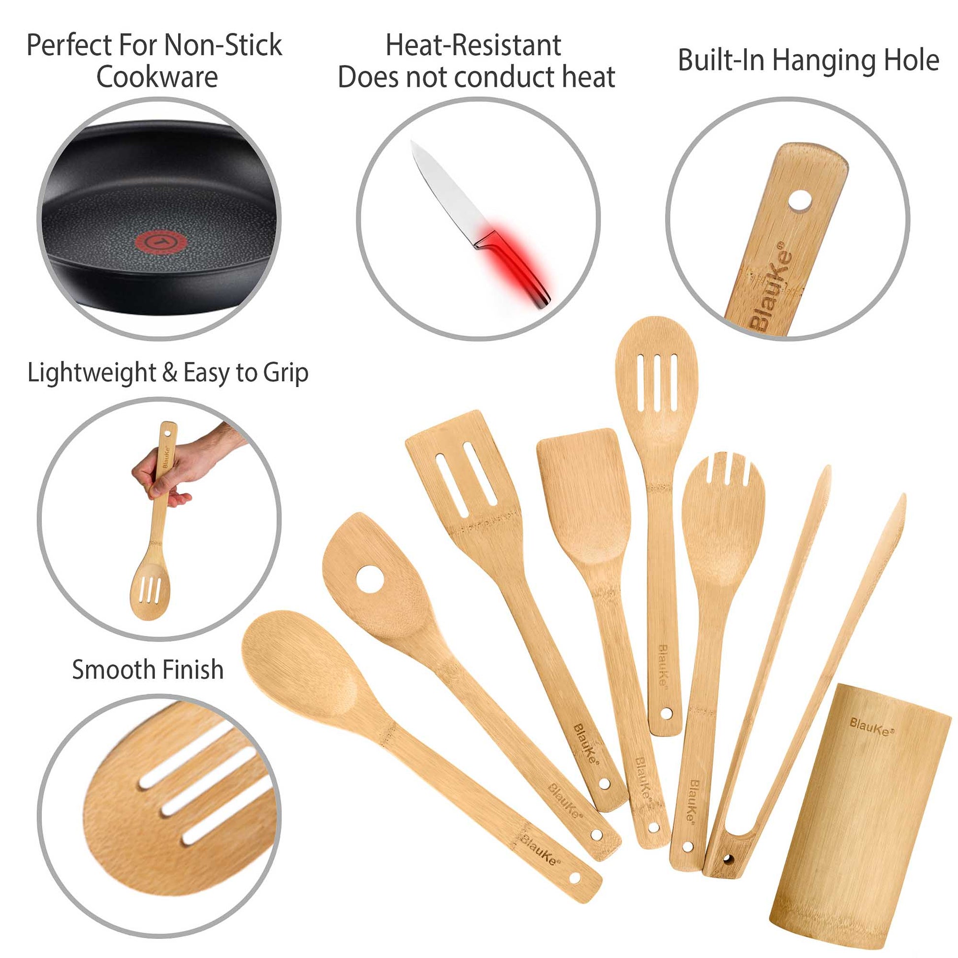 Bamboo Kitchen Utensils Set 8-Pack - Wooden Cooking Utensils - ZYTU